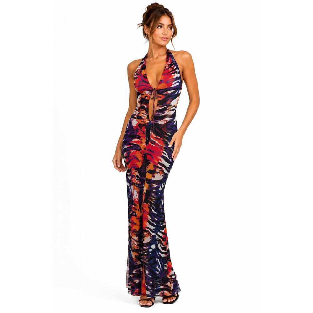 Musera Halter Maxi Dress Abstract Animal Print Open Back Sleeveless Size Medium